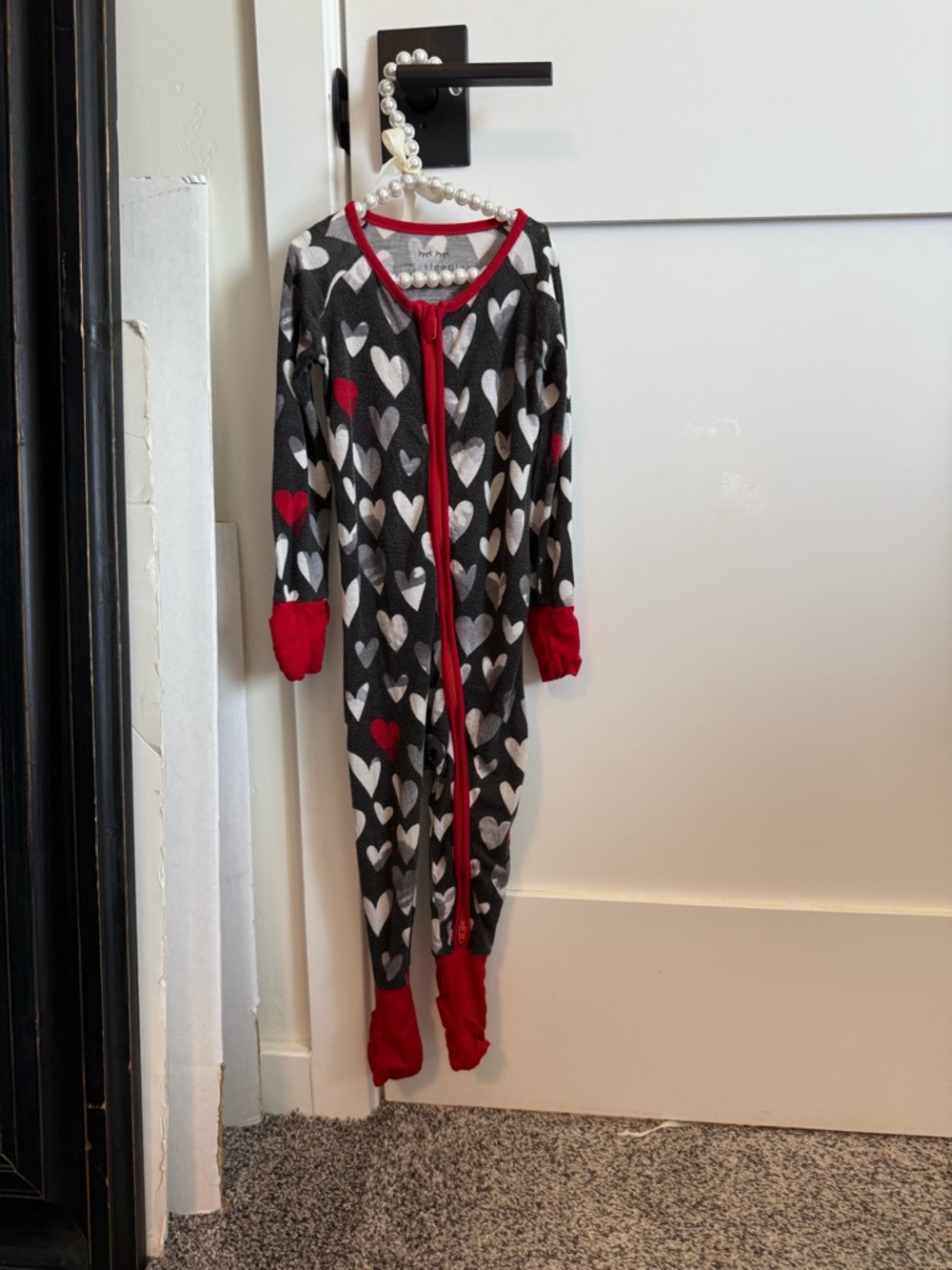 Little Sleepies Black Heart-Print Footie with Red Trim